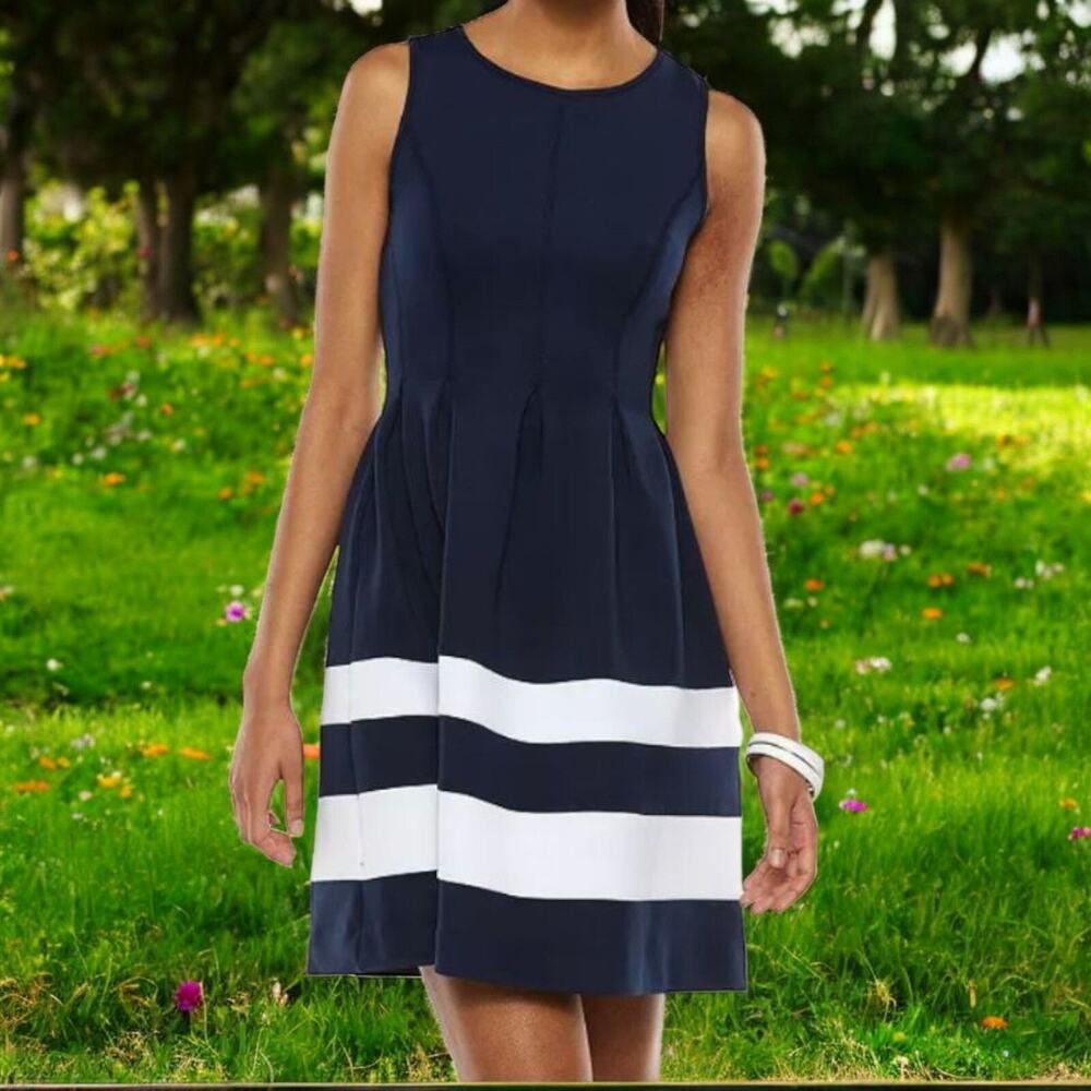 Apt. 9‎ Dress Womens Scuba Fit Flare Navy Blue White Midi Dress POCKETS Size S